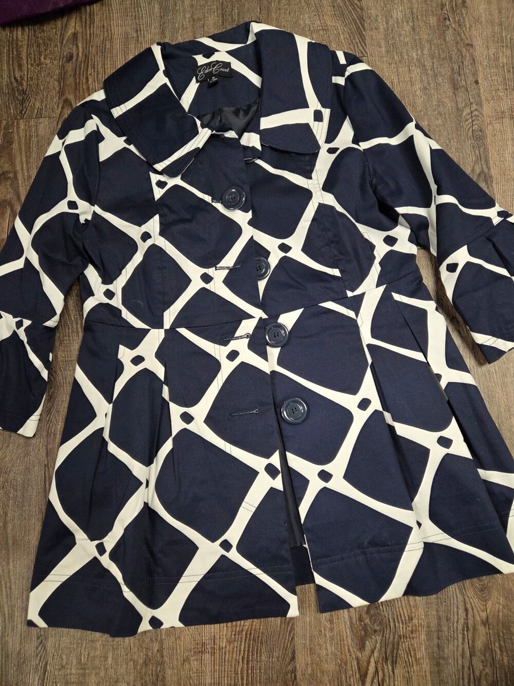 EDEN COURT Navy Blue White Button Front Dressy Bell Sleeve Jacket Medium